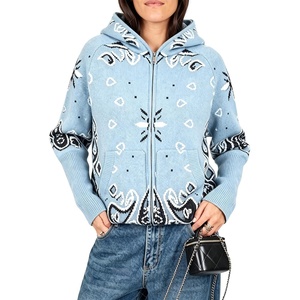 Women Bandana Paisley Knit Hooded Jacket Trendy Full Zip Sweater(Lightblue)