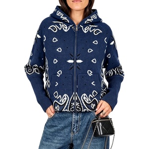 Women Bandana Paisley Knit Hooded Jacket Trendy Full Zip Sweater(Navy)