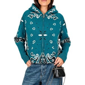 Women Bandana Paisley Knit Hooded Jacket Trendy Full Zip Sweater(Teal)
