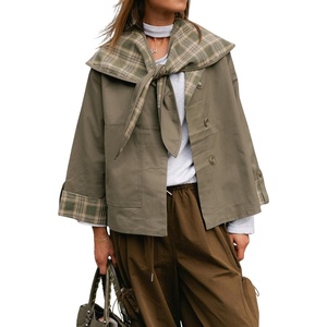 Women Cropped Trench Coat Fall Jacket Detachable Plaid Shawl Collar(Armygreen)