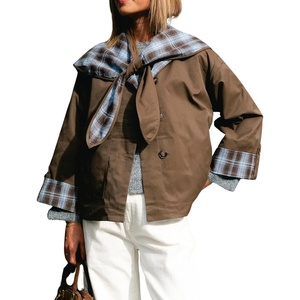 Women Cropped Trench Coat Fall Jacket Detachable Plaid Shawl Collar(Brown)