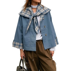 Women Cropped Trench Coat Fall Jacket Detachable Plaid Shawl Collar(Dustyblue)