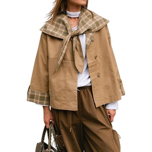 Women Cropped Trench Coat Fall Jacket Detachable Plaid Shawl Collar(Khaki)