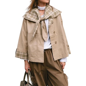 Women Cropped Trench Coat Fall Jacket Detachable Plaid Shawl Collar(Lightkhaki)