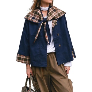 Women Cropped Trench Coat Fall Jacket Detachable Plaid Shawl Collar(Navy)