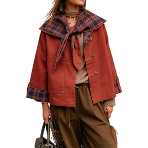 Women Cropped Trench Coat Fall Jacket Detachable Plaid Shawl Collar(Red)