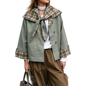 Women Cropped Trench Coat Fall Jacket Detachable Plaid Shawl Collar(Sagegreen)