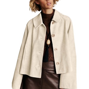 Women Faux Suede Cropped Jacket Fall Outerwear(Beige)
