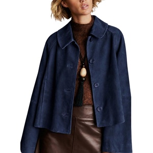 Women Faux Suede Cropped Jacket Fall Outerwear(Navy)
