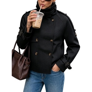 Women Houndstooth Jacket Double Breasted Stand Collar Coat(Black)