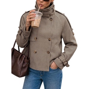 Women Houndstooth Jacket Double Breasted Stand Collar Coat(Brown)