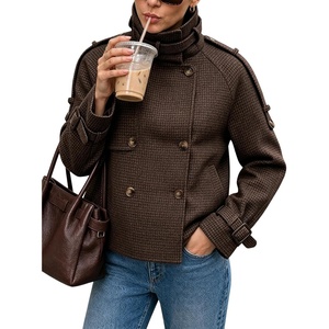 Women Houndstooth Jacket Double Breasted Stand Collar Coat(Coffee)