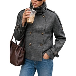 Women Houndstooth Jacket Double Breasted Stand Collar Coat(Gray)