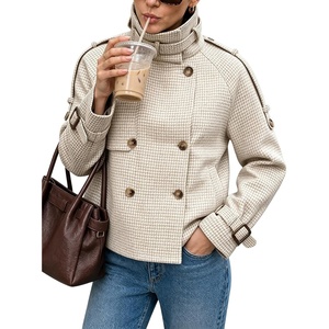 Women Houndstooth Jacket Double Breasted Stand Collar Coat(Khaki)