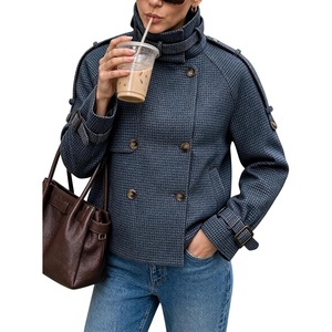 Women Houndstooth Jacket Double Breasted Stand Collar Coat(Navy)