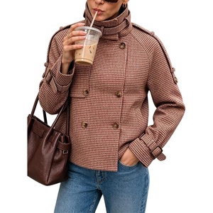 Women Houndstooth Jacket Double Breasted Stand Collar Coat(Rust)