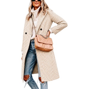 Women Oversize Long Trench Coat Plaid Lining Lapel Button Down Jacket(Khakiplaid)