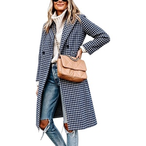 Women Oversize Long Trench Coat Plaid Lining Lapel Button Down Jacket(Navyplaid)