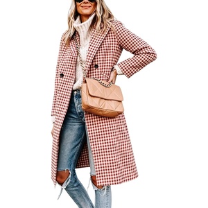 Women Oversize Long Trench Coat Plaid Lining Lapel Button Down Jacket(Redplaid)