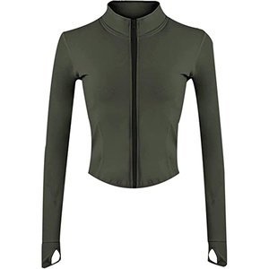 Womens Active Zip Up Running Workout Cropped Bbl Athletic Jacket with Thumb Holes(Armygreen)