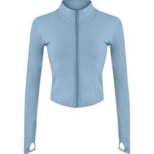Womens Active Zip Up Running Workout Cropped Bbl Athletic Jacket with Thumb Holes(Blue)