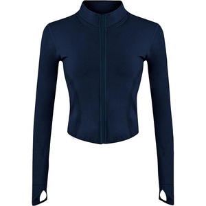 Womens Active Zip Up Running Workout Cropped Bbl Athletic Jacket with Thumb Holes(Navy)