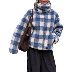 Women’s Buffalo Plaid Sherpa Fleece Jackets Funnel Neck Warm Coat(Blue)