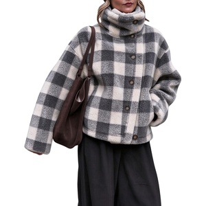 Women’s Buffalo Plaid Sherpa Fleece Jackets Funnel Neck Warm Coat(Grey)