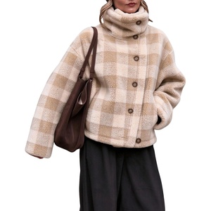 Women’s Buffalo Plaid Sherpa Fleece Jackets Funnel Neck Warm Coat(Khaki)