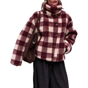 Women’s Buffalo Plaid Sherpa Fleece Jackets Funnel Neck Warm Coat(Wine)