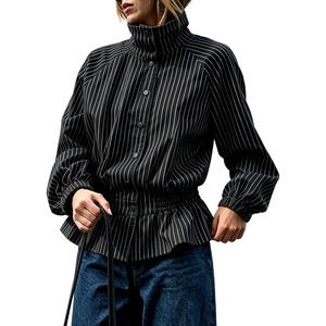 Women’s Casual Striped Jacket Stand Collar Button Down Cropped Coat(Black)