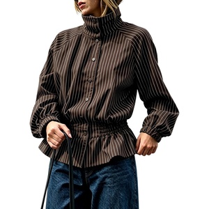 Women’s Casual Striped Jacket Stand Collar Button Down Cropped Coat(Coffee)