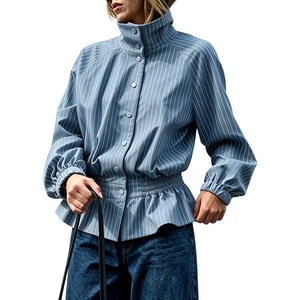 Women’s Casual Striped Jacket Stand Collar Button Down Cropped Coat(Dustyblue)