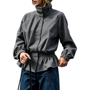 Women’s Casual Striped Jacket Stand Collar Button Down Cropped Coat(Gray)