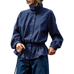Women’s Casual Striped Jacket Stand Collar Button Down Cropped Coat(Navy)
