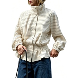 Women’s Casual Striped Jacket Stand Collar Button Down Cropped Coat(White)