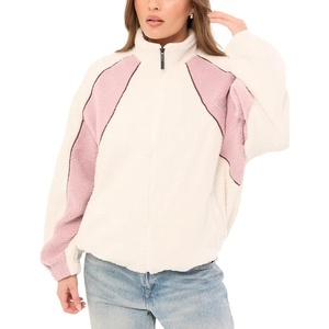 Women’s Color Block Fleece Jacket Stand Collar Zip Up Track Coat(Beige)