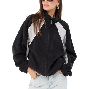 Women’s Color Block Fleece Jacket Stand Collar Zip Up Track Coat(Black)