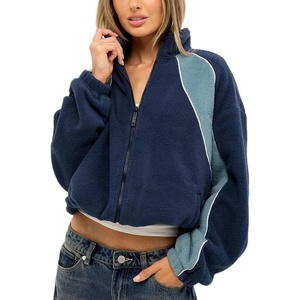 Women’s Color Block Fleece Jacket Stand Collar Zip Up Track Coat(Darkblue)