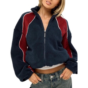 Women’s Color Block Fleece Jacket Stand Collar Zip Up Track Coat(Navy)