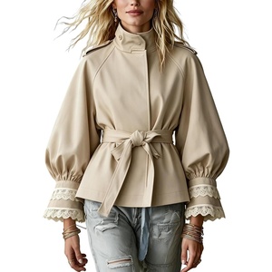 Women’s Cropped Trench Coat Casual Jacket Lace Cuff Belted Waist(Apricot)