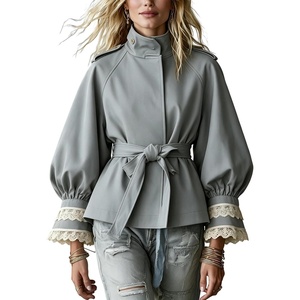Women’s Cropped Trench Coat Casual Jacket Lace Cuff Belted Waist(Bluegrey)