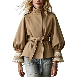 Women’s Cropped Trench Coat Casual Jacket Lace Cuff Belted Waist(Khaki)