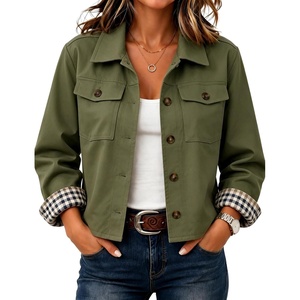 Women’s Cropped Trench Jacket Button Down Plaid Lined Coat(Armygreen)