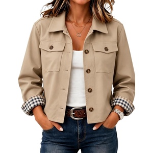 Women’s Cropped Trench Jacket Button Down Plaid Lined Coat(Khaki)