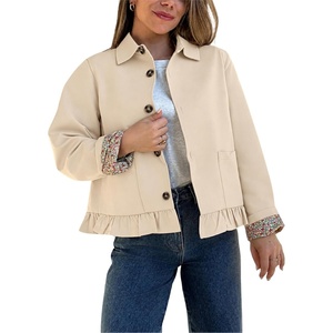 Women’s Cropped Trench Jacket Ruffle Hem Floral Lined Coat(Apricot)