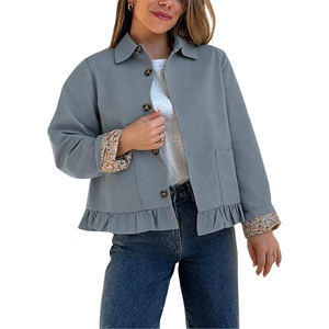 Women’s Cropped Trench Jacket Ruffle Hem Floral Lined Coat(Bluegrey)