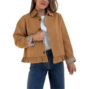 Women’s Cropped Trench Jacket Ruffle Hem Floral Lined Coat(Camel)