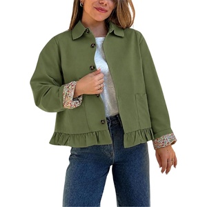 Women’s Cropped Trench Jacket Ruffle Hem Floral Lined Coat(Green)