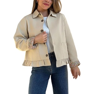 Women’s Cropped Trench Jacket Ruffle Hem Floral Lined Coat(Lightkhaki)